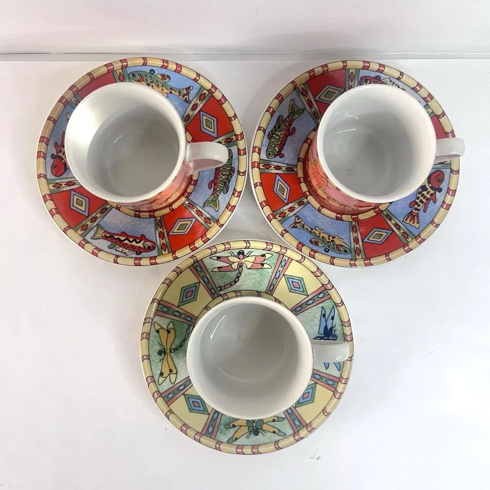 VTG. Essex Collection Splash by Siddhia Hutchinson Demitasse 3 Cup & Saucer Set
